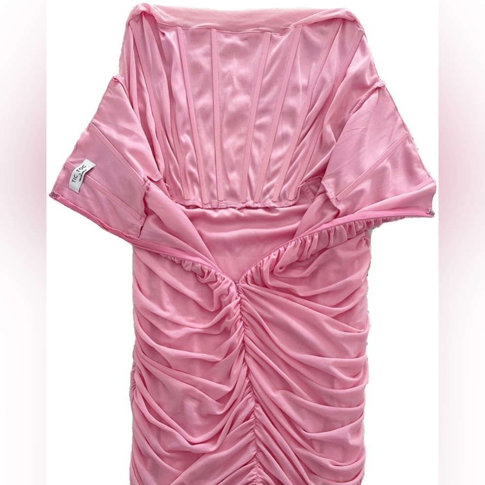 Tic Toc Pink Strapless Ruched Bodycon Dress Size Large - Picture 3 of 9
